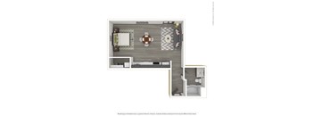 A 3D rendered image of a modern apartment.