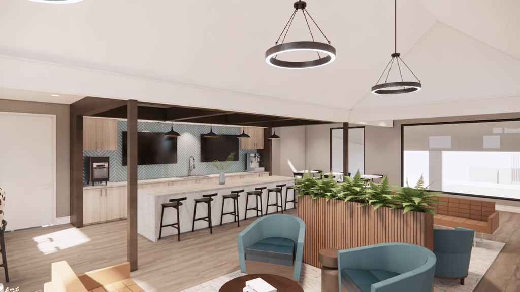 a rendering of a living room with a bar and a kitchen