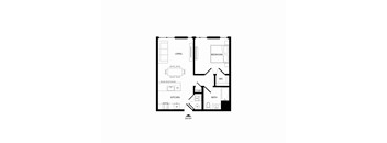 A floor plan of a house with a living room, kitchen, bedroom, bathroom, and a coat room.