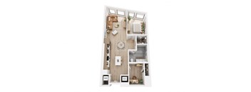 A top down view of a small apartment with a kitchen, living room, and bathroom.
