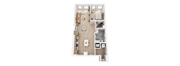 A top down view of a small apartment with a kitchen, living room, and bathroom.