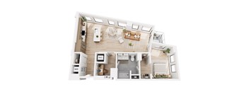 A top-down view of a modern apartment layout.