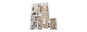 A top-down view of a small apartment with a kitchen, living room, and bathroom.