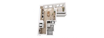 A floor plan of a small apartment with a kitchen, living room, and bathroom.