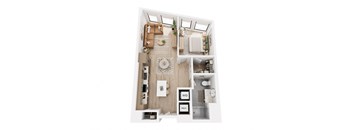 A top-down view of a small apartment with a kitchen, living room, and bathroom.