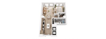 A top down view of a small apartment with a kitchen, living room, and bathroom.