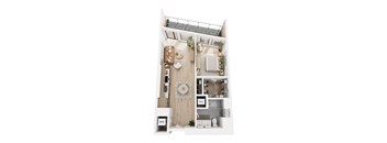 A top down view of a small apartment with a kitchen, living room, and bathroom.