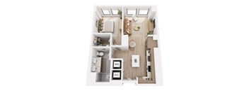 A top down view of a small apartment with a kitchen, living room, and bathroom.