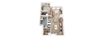 A top down view of a small apartment with a kitchen, living room and bathroom.