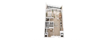 A top-down view of a small apartment with a kitchen, living room, and bathroom.