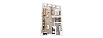 A top-down view of a small apartment with a kitchen, living room, and bathroom.