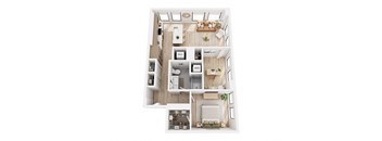 A top-down view of a small apartment with a kitchen, living room, and bathroom.