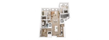 A floor plan of a house with a living room, kitchen, and two bedrooms.