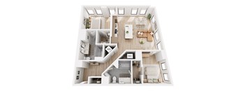 A top-down view of a modern apartment layout with labeled sections for the kitchen, living room, and bathroom.