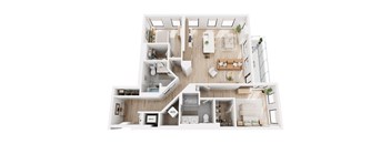 A top-down view of a modern, open-plan apartment layout.