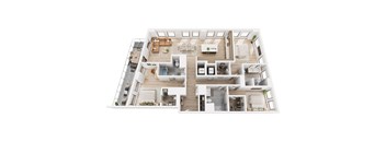 A top-down view of a two-story house with a living room, kitchen, and bedrooms.
