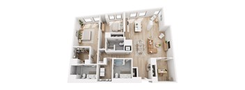 A top-down view of a modern apartment layout with a kitchen, living room, and bathroom.