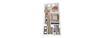 A top down view of a small apartment with a kitchen, living room, and bathroom.