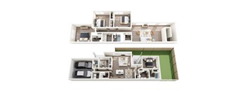 a 3d floor plan of a house with bedrooms and a living room