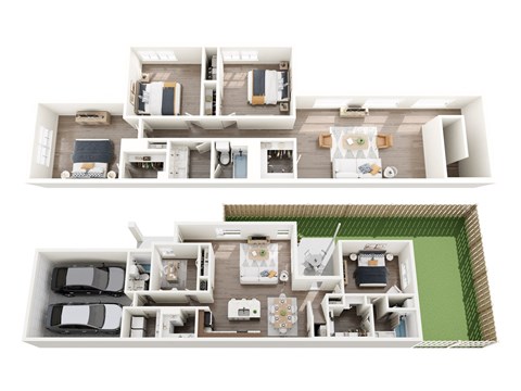 a 3d floor plan of a house with bedrooms and a living room