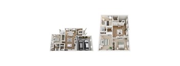 Two images of a house layout with a kitchen, living room, and bedrooms.