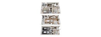 A top-down view of a two-bedroom apartment with a living room, kitchen, and two bathrooms.