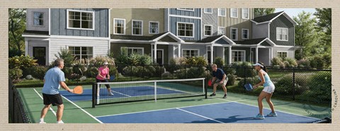 A woman is playing tennis on a court in front of a large house.