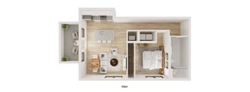 A top down view of a small apartment layout with a kitchen, living room, and bathroom.