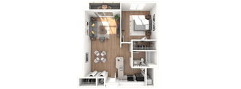 A 3D rendered image of a modern apartment layout.