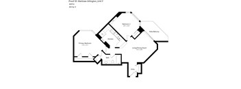 A black and white floor plan of a unit with a living area, two bedrooms, a bathroom, a kitchen, and a balcony.