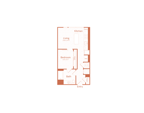 A floor plan of a house with labeled rooms including a kitchen, living room, dining room, bedroom, bathroom, and entry.