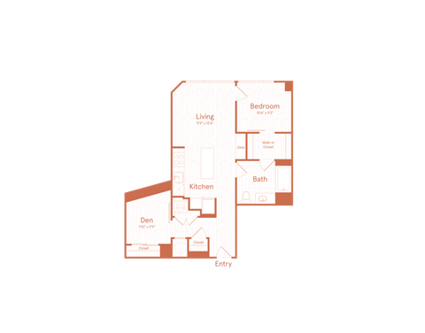 A floor plan of a house with a living room, kitchen, den, and bedroom.
