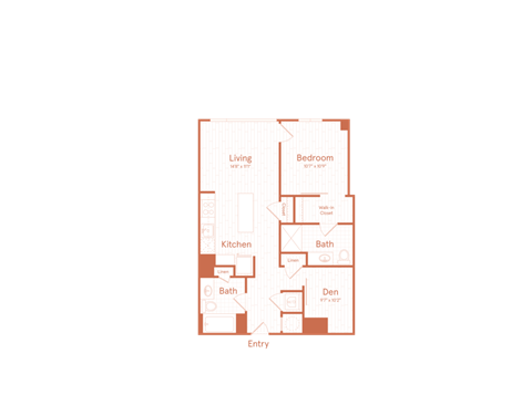 A floor plan of a living space with a bedroom, kitchen, and bathrooms.