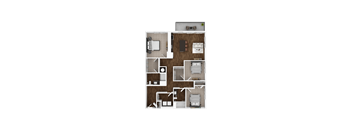 A floor plan of a house with a kitchen, living room, and two bedrooms.