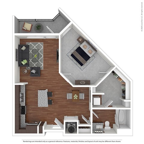 A 3D rendered image of a house layout.