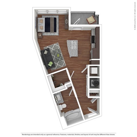 A floor plan of a room with a couch, a chair, a coffee table, a bookshelf, and a small kitchenette.