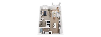 A floor plan of a small apartment with a living room, kitchen, and bathroom.