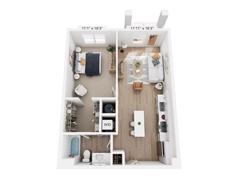 A floor plan of a small apartment with a living room, kitchen, and bathroom.