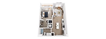 A floor plan of a small apartment with a kitchen, living room, and bathroom.