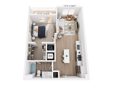 A floor plan of a small apartment with a kitchen, living room, and bathroom.
