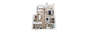 A floor plan of a small apartment with a kitchen, living room, and bathroom.