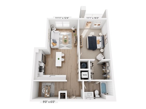 A floor plan of a small apartment with a kitchen, living room, and bathroom.