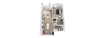 A floor plan of a small apartment with a kitchen, living room, and bathroom.