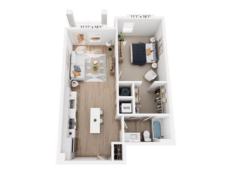 A floor plan of a small apartment with a kitchen, living room, and bathroom.