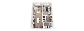 A floor plan of a small apartment with a kitchen, living room, and bathroom.