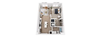 A floor plan of a small apartment with a kitchen, living room, and bathroom.