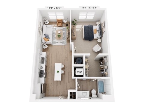 A floor plan of a small apartment with a kitchen, living room, and bathroom.