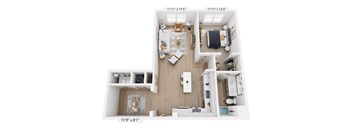 A top-down view of a small apartment layout with a kitchen, living room, and bedroom.