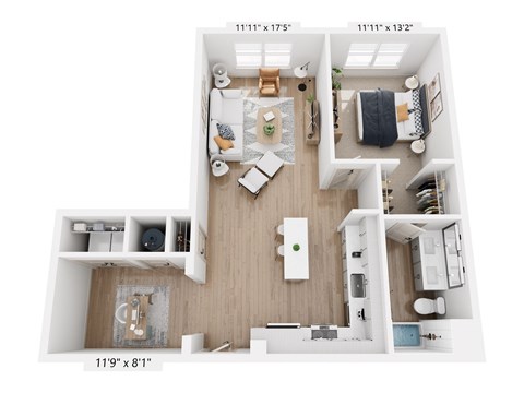 A top-down view of a small apartment layout with a kitchen, living room, and bedroom.