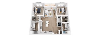 A floor plan of a small apartment with two bedrooms, a living room, and a kitchen.